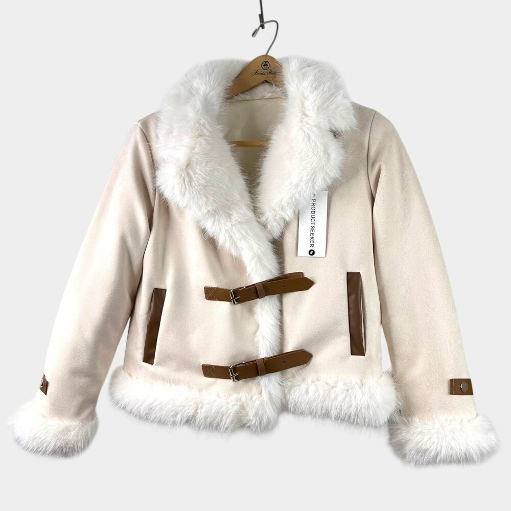Women Coat Jackets Faux Fur Filling Down Feather  Ivory Size S Faux Fox Fur Trim